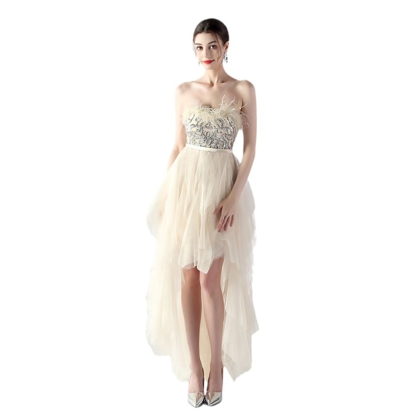 Strapless Trim Gown Feather Evening A-Line Midi Plain
