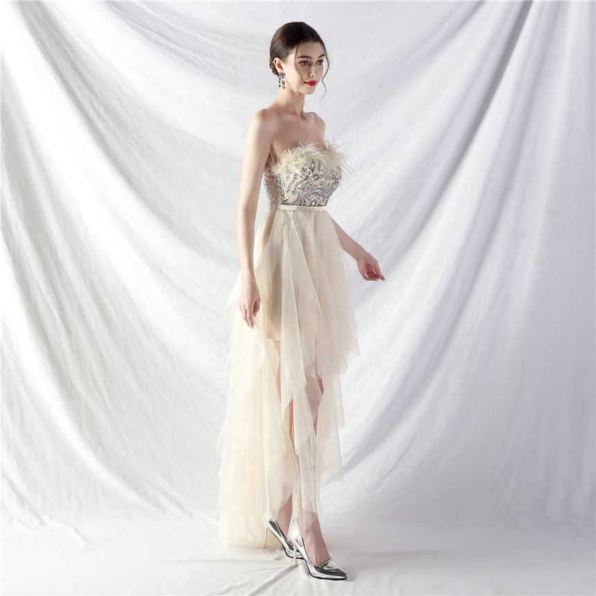 Strapless Trim Gown Feather Evening A-Line Midi Plain