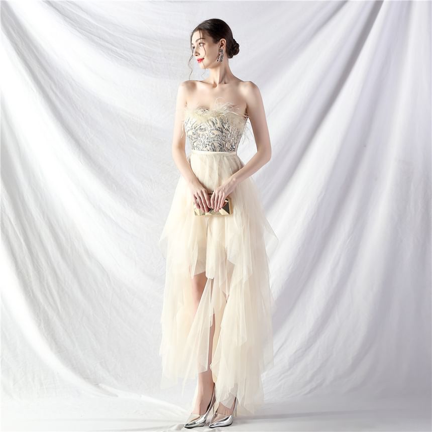 Strapless Trim Gown Feather Evening A-Line Midi Plain