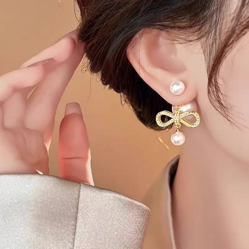 Faux Pearl Earring Bow Drop Alloy
