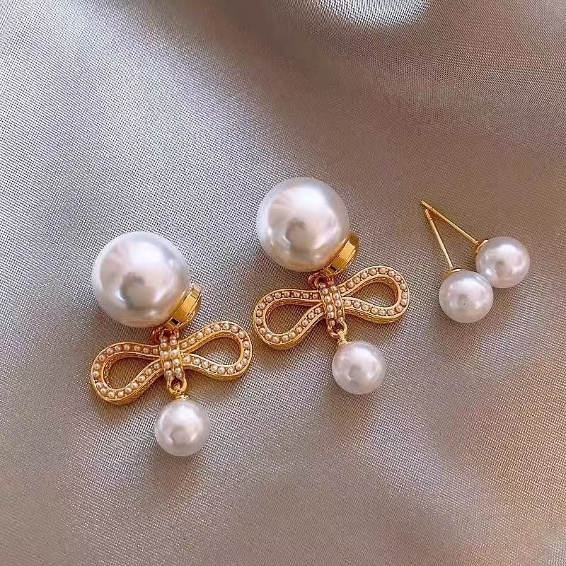Faux Pearl Earring Bow Drop Alloy