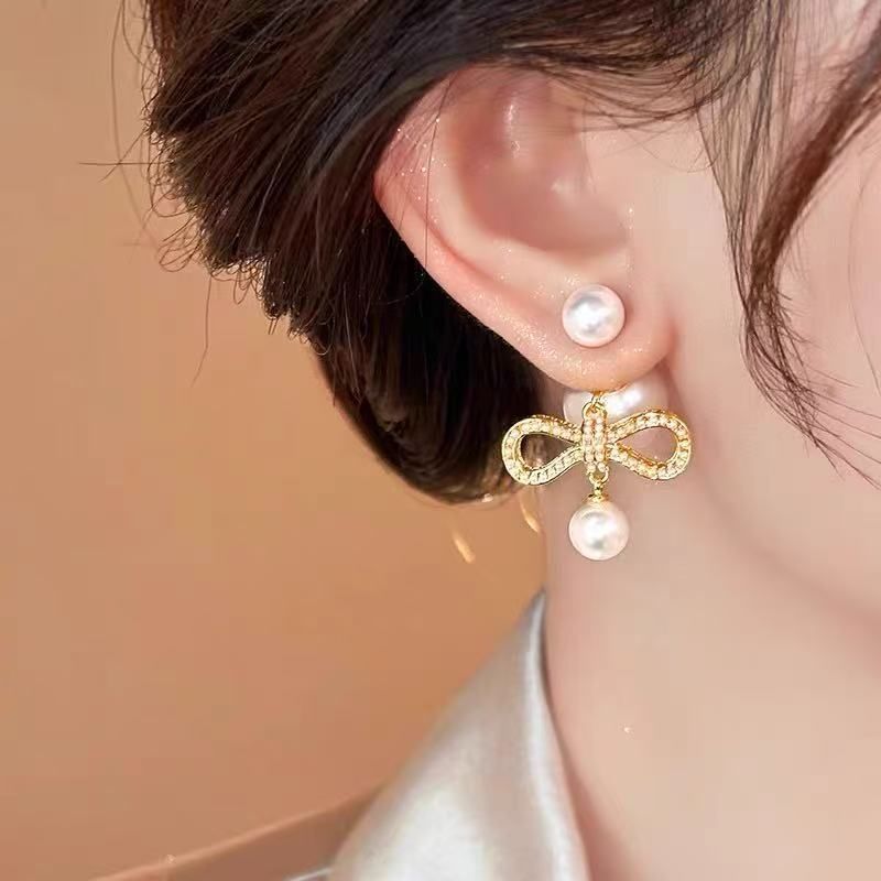 Faux Pearl Earring Bow Drop Alloy