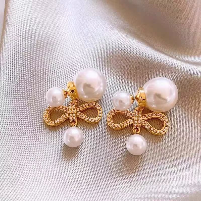 Faux Pearl Earring Bow Drop Alloy