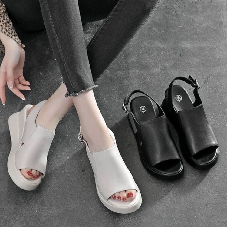 Leather Faux Sandals Slingback Plain Heel Wedge
