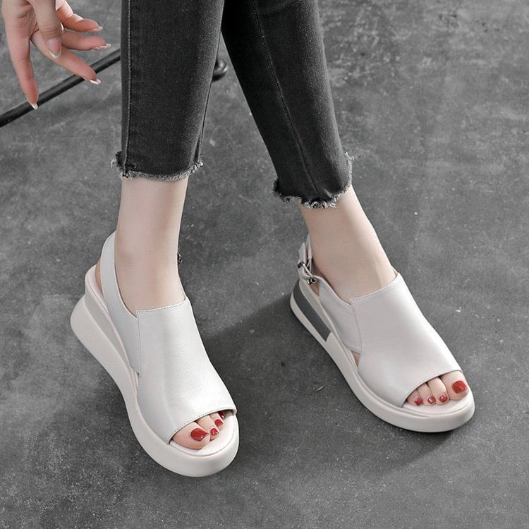 Leather Faux Sandals Slingback Plain Heel Wedge