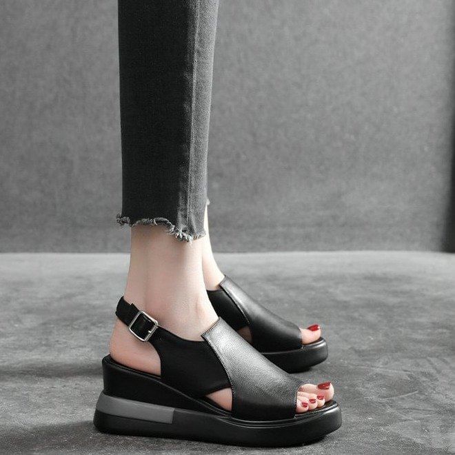 Leather Faux Sandals Slingback Plain Heel Wedge