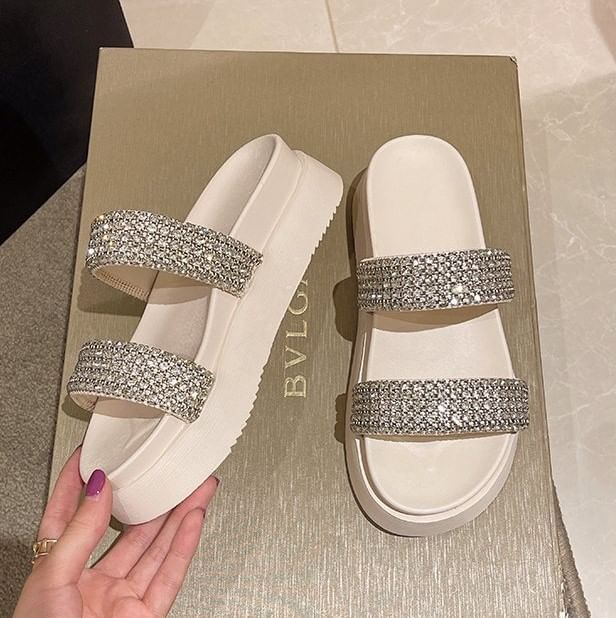 Slide Sandals Platform Rhinestone