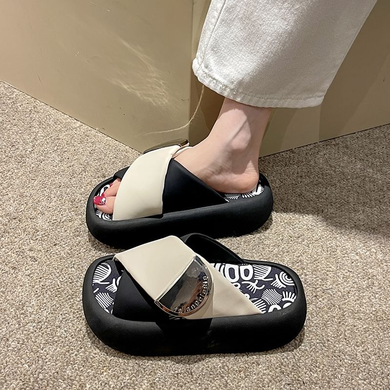 Platform Strap Cross Sandals Two Leather Faux Tone