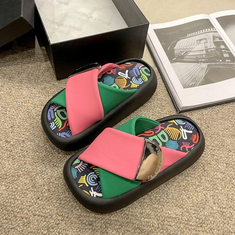 Platform Strap Cross Sandals Two Leather Faux Tone