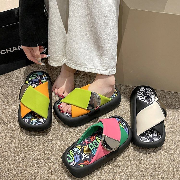 Platform Strap Cross Sandals Two Leather Faux Tone