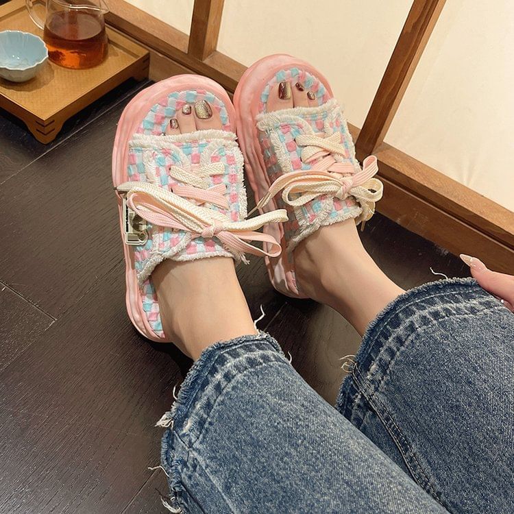 Checkerboard Lace-Up Sneakers Sandals Platform Frayed