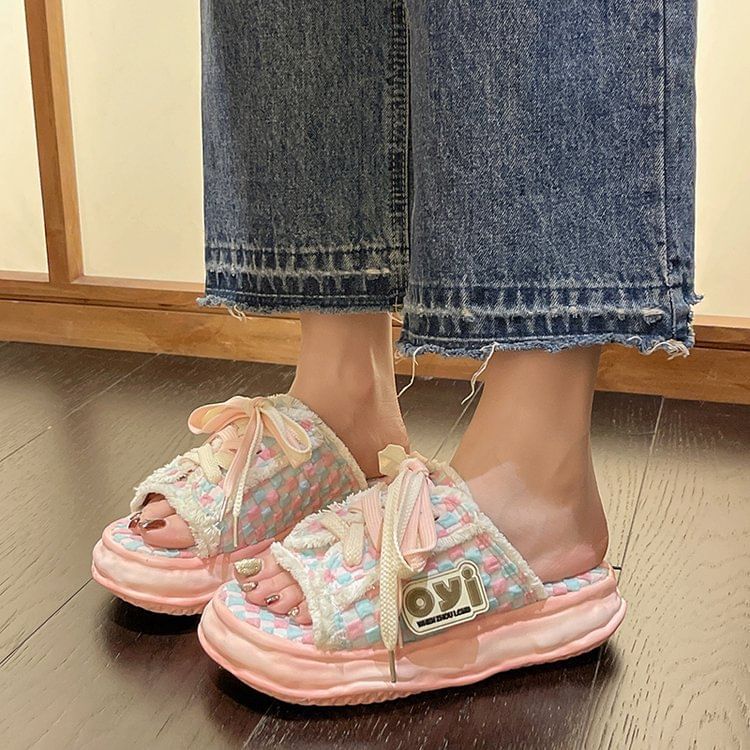 Checkerboard Lace-Up Sneakers Sandals Platform Frayed