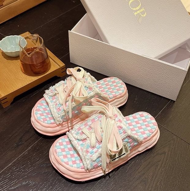 Checkerboard Lace-Up Sneakers Sandals Platform Frayed
