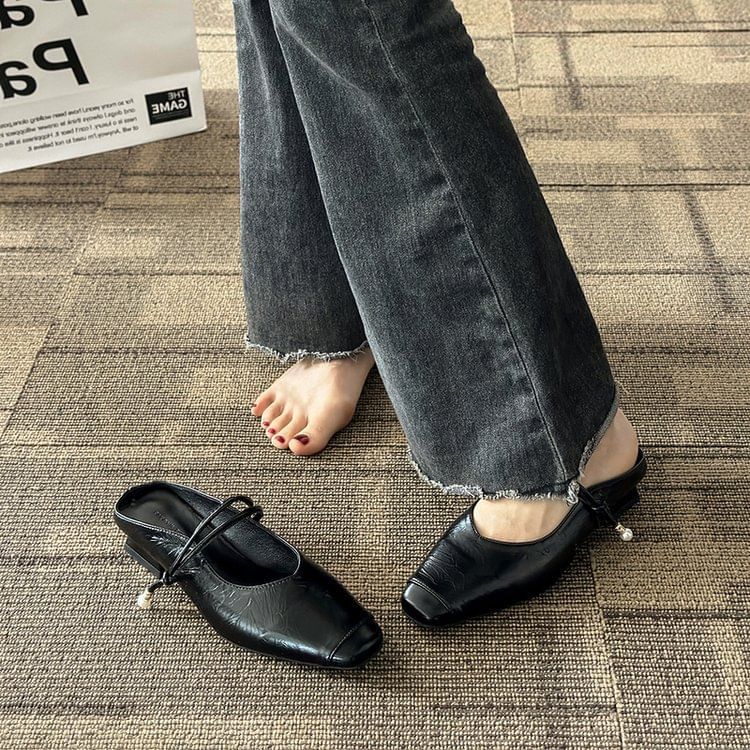 Mules Plain Faux Low Leather Mary Jane Heel