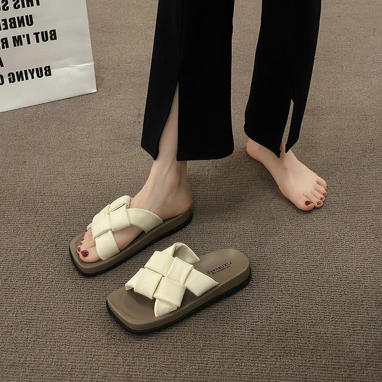 Sandals Faux Woven Leather Platform Square Toe