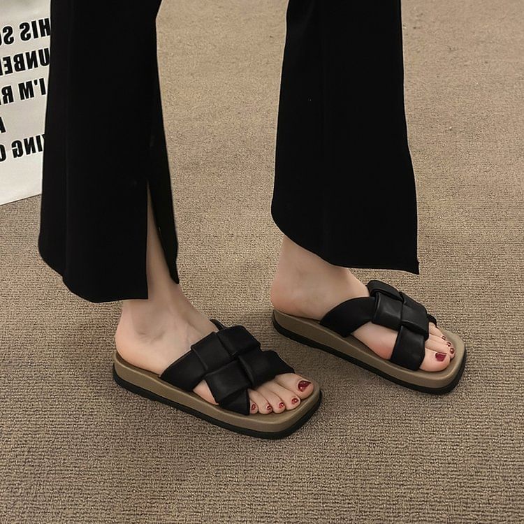 Sandals Faux Woven Leather Platform Square Toe