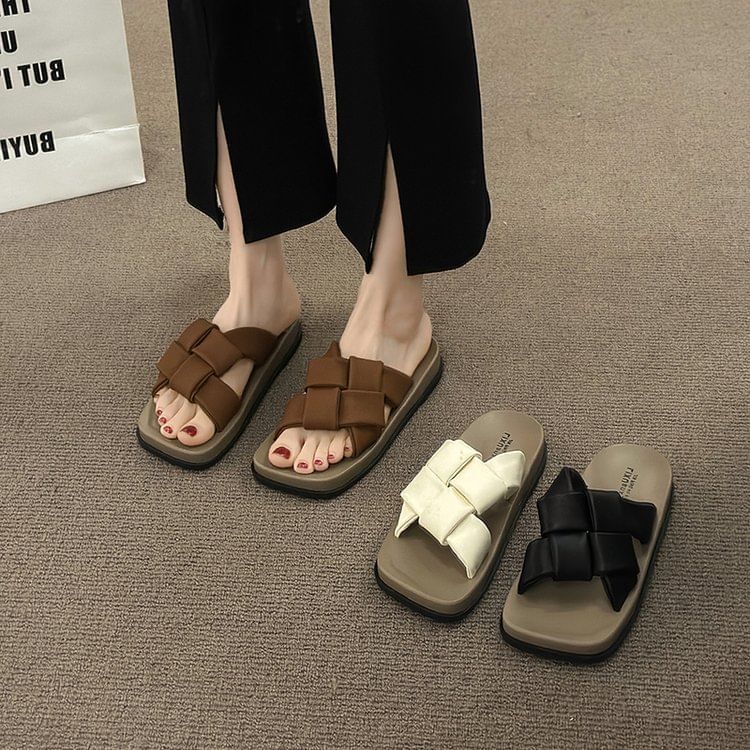 Sandals Faux Woven Leather Platform Square Toe