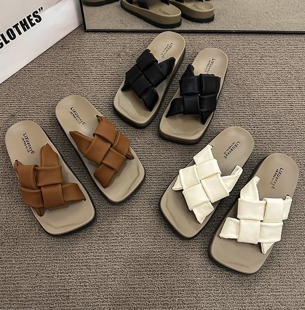 Sandals Faux Woven Leather Platform Square Toe