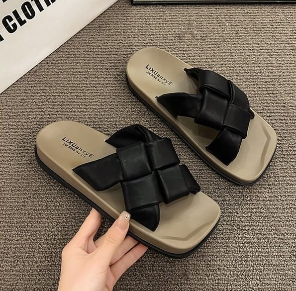 Sandals Faux Woven Leather Platform Square Toe