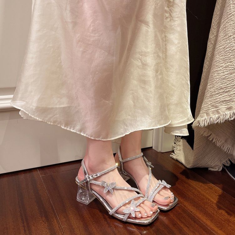 Ankle Sandals Toe Butterfly Strap Chunky Heel Square Rhinestone