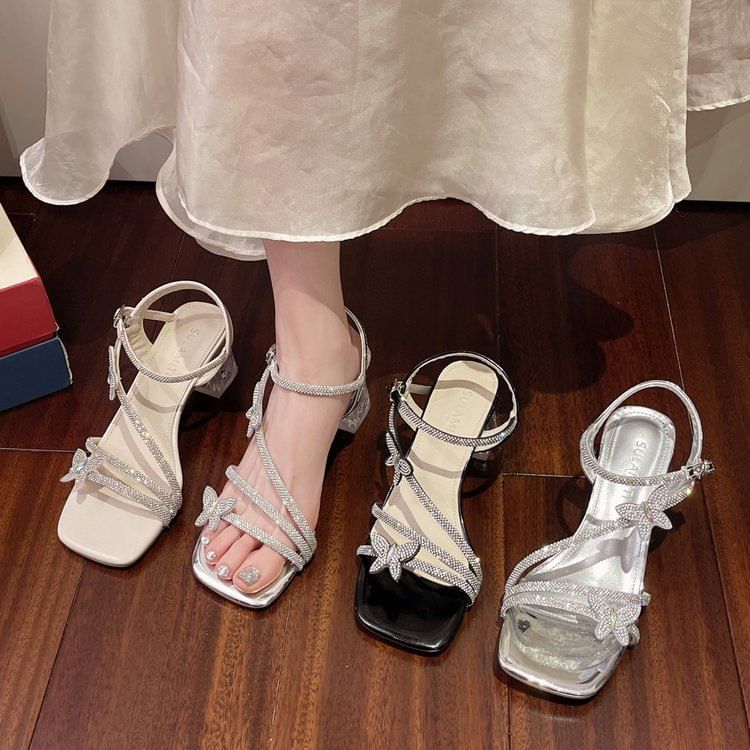 Ankle Sandals Toe Butterfly Strap Chunky Heel Square Rhinestone