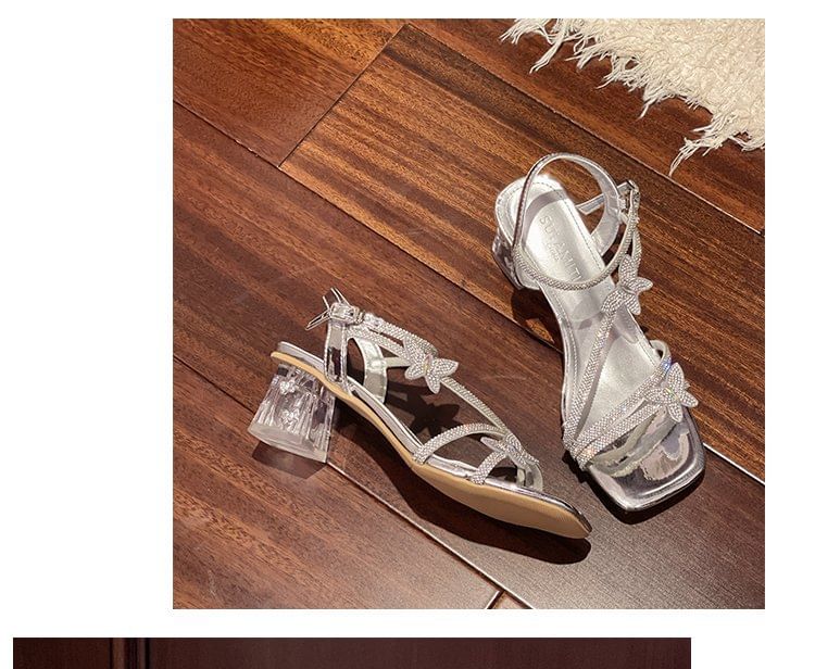 Ankle Sandals Toe Butterfly Strap Chunky Heel Square Rhinestone