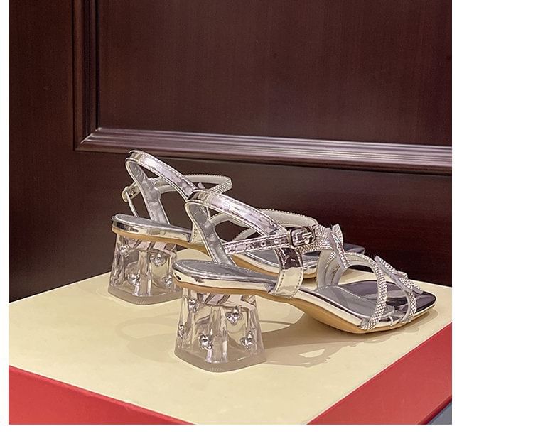 Ankle Sandals Toe Butterfly Strap Chunky Heel Square Rhinestone