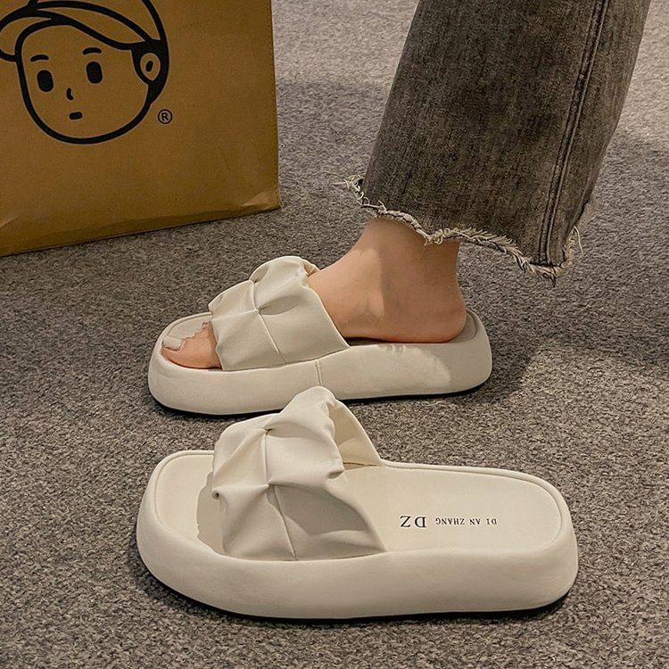 Plain Sandals Platform Leather Slide Faux Ruched