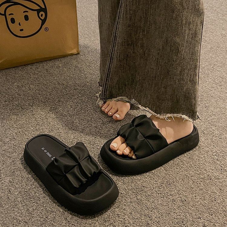 Plain Sandals Platform Leather Slide Faux Ruched
