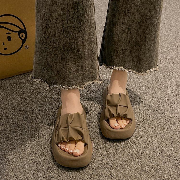Plain Sandals Platform Leather Slide Faux Ruched