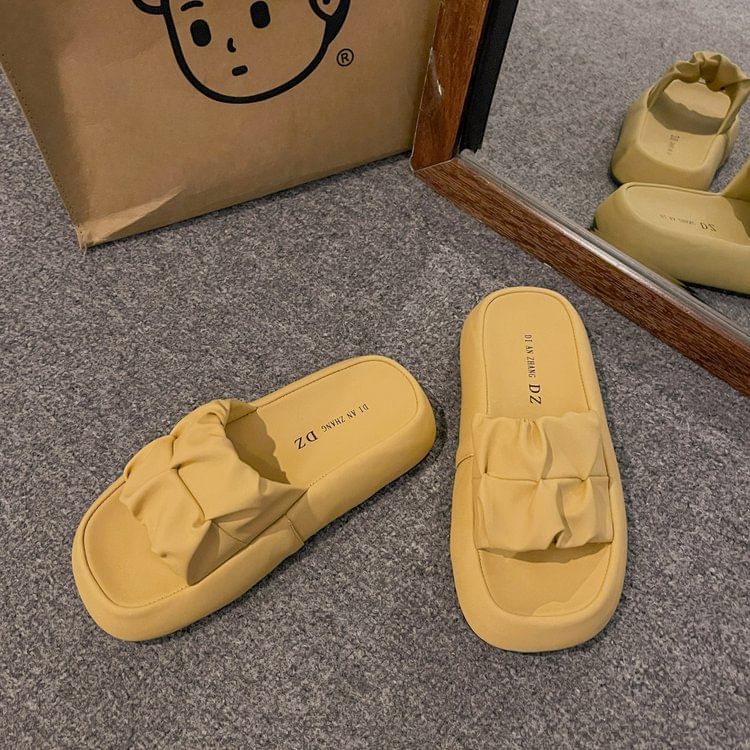 Plain Sandals Platform Leather Slide Faux Ruched