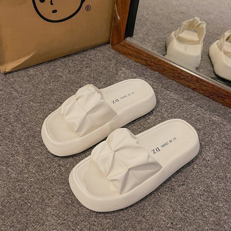 Plain Sandals Platform Leather Slide Faux Ruched