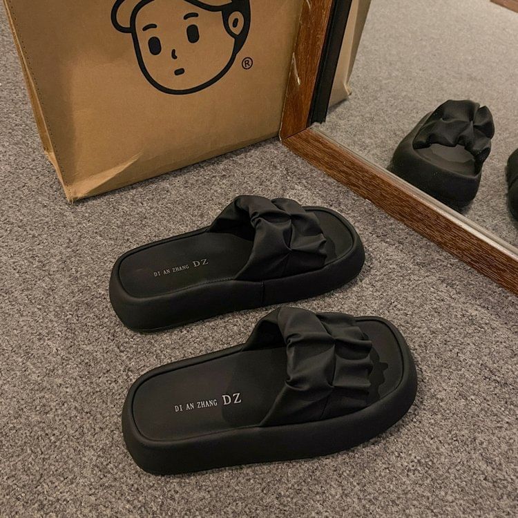 Plain Sandals Platform Leather Slide Faux Ruched