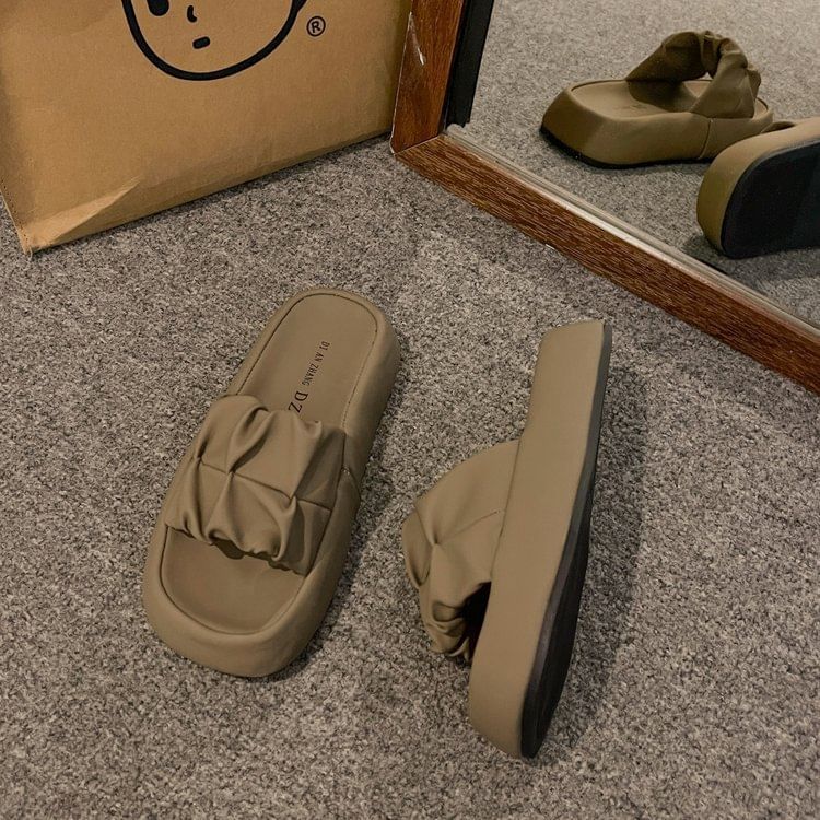 Plain Sandals Platform Leather Slide Faux Ruched