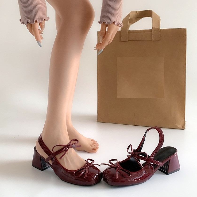 Accent Heel Ribbon Block Slingback Sandals