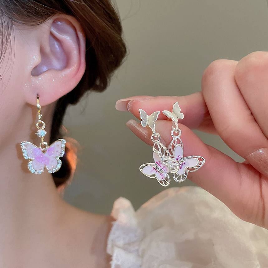 Glaze Rhinestone Alloy Cuff Dangle Earring / Butterfly Ear