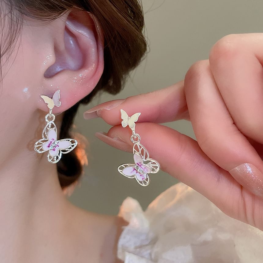 Glaze Rhinestone Alloy Cuff Dangle Earring / Butterfly Ear