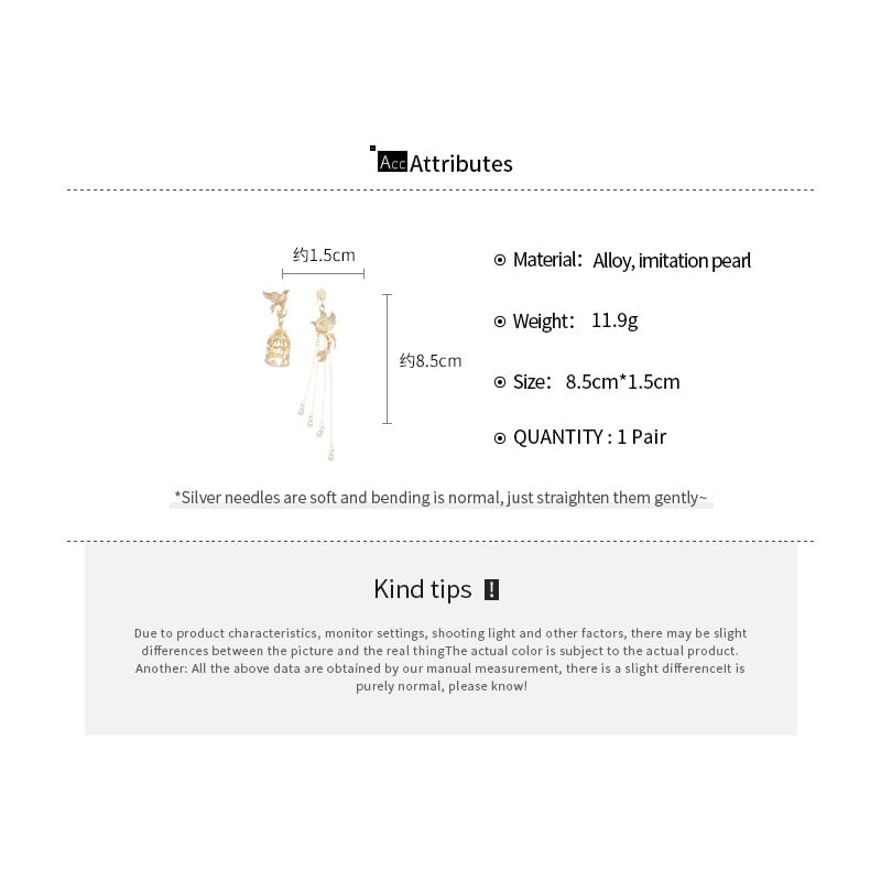Bird Alloy Pearl Asymmetrical Dangle Faux Cage Earring