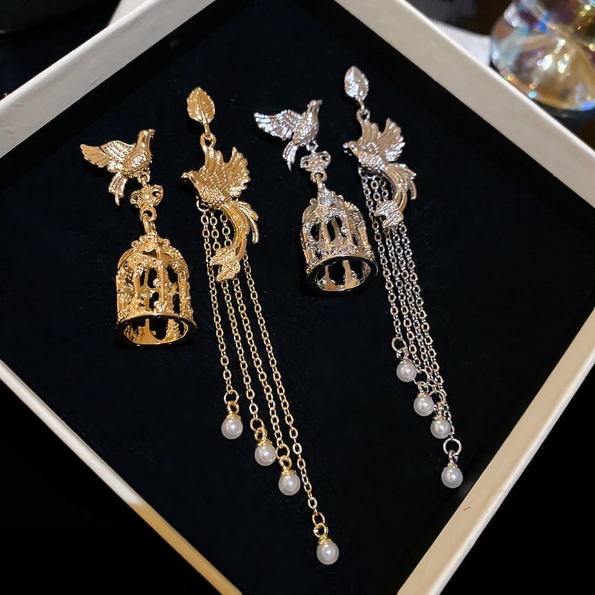 Bird Alloy Pearl Asymmetrical Dangle Faux Cage Earring