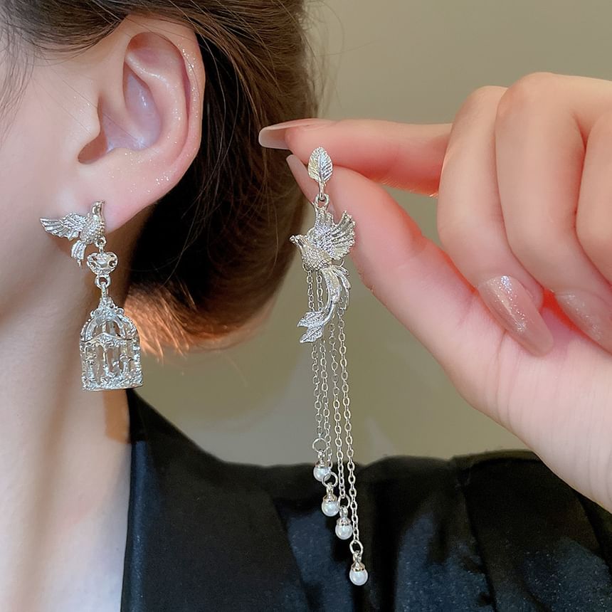 Bird Alloy Pearl Asymmetrical Dangle Faux Cage Earring