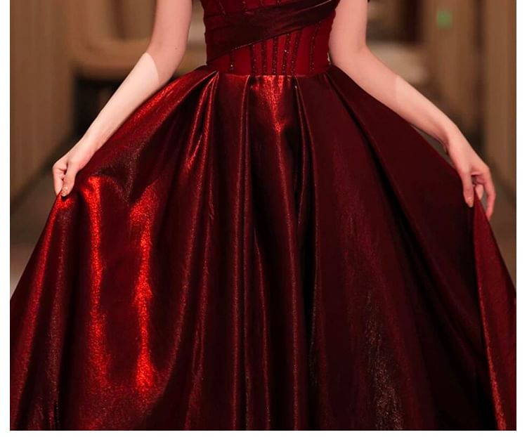 Evening Glitter Short-Sleeve Maternity Gown Ruched Off-Shoulder A-Line