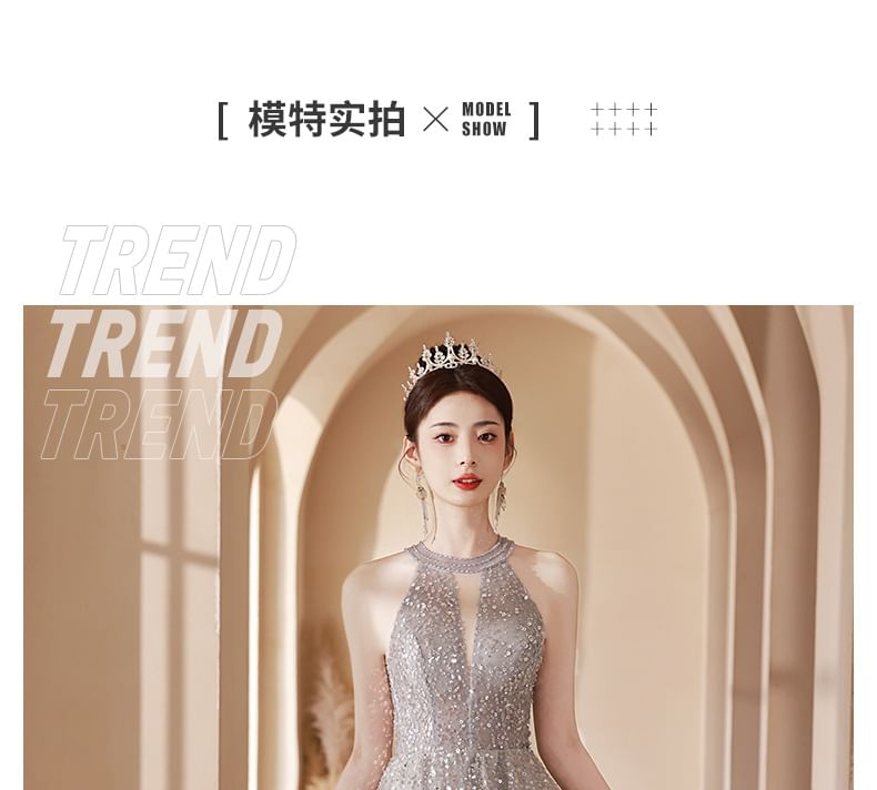 Halter Cutout A-Line Gown Sequin Evening Neck