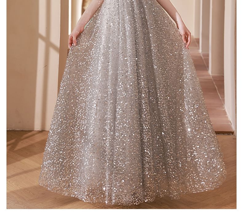 Halter Cutout A-Line Gown Sequin Evening Neck