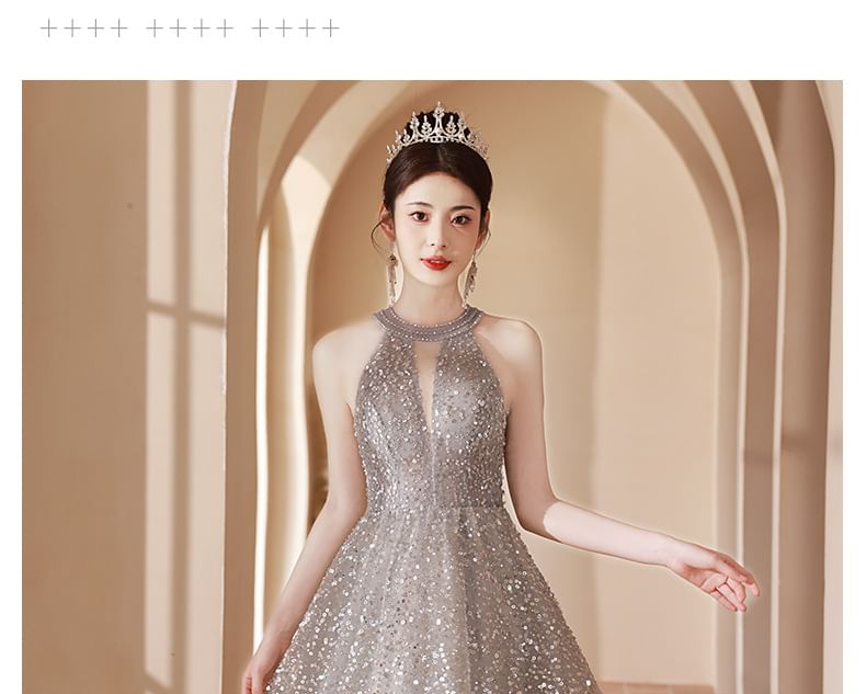 Halter Cutout A-Line Gown Sequin Evening Neck