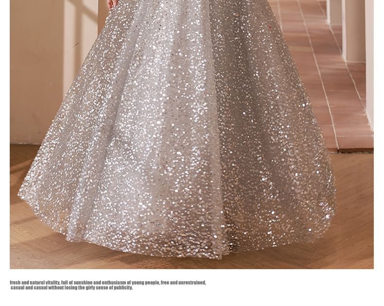 Halter Cutout A-Line Gown Sequin Evening Neck