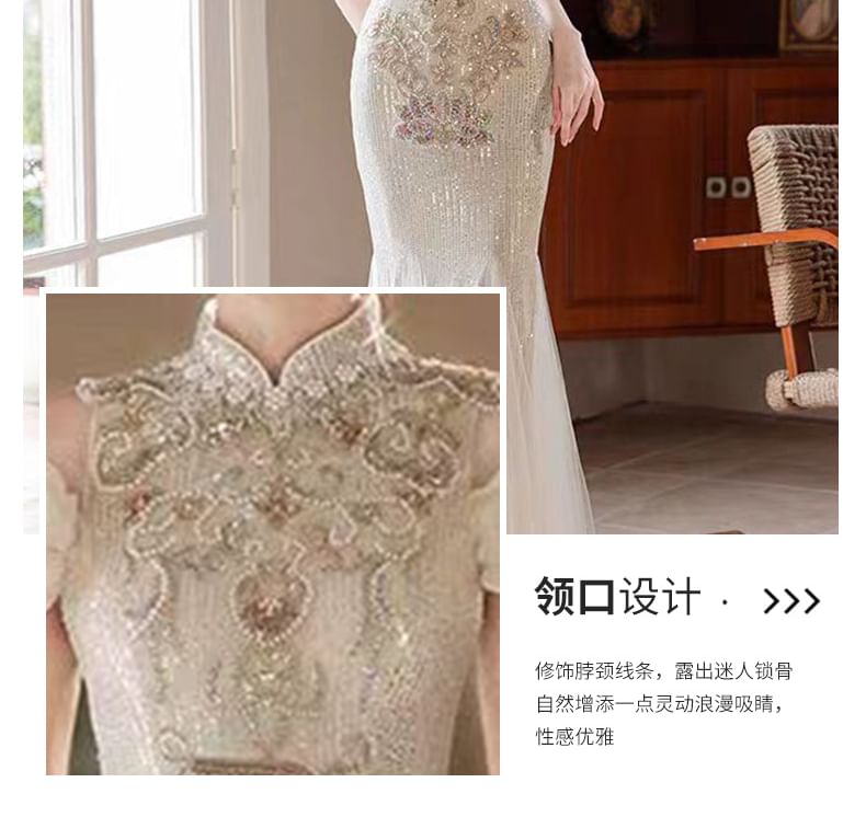 Gown Cold Embroidered Collar Floral Evening Sequin Mermaid Shoulder Stand