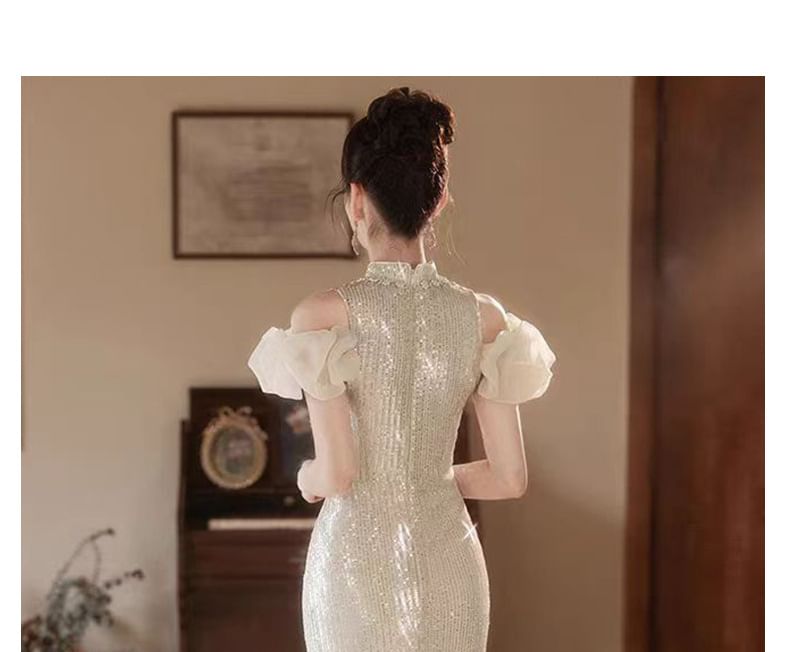 Gown Cold Embroidered Collar Floral Evening Sequin Mermaid Shoulder Stand