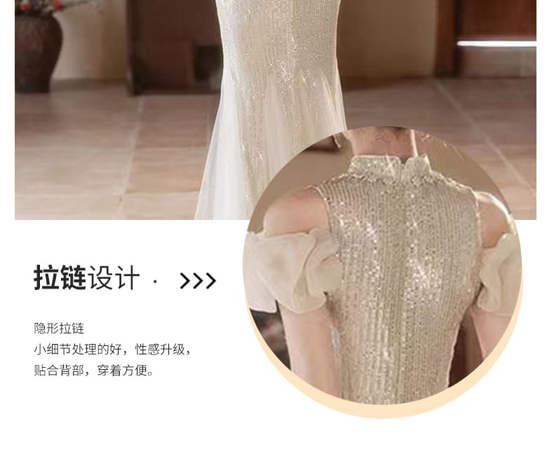 Gown Cold Embroidered Collar Floral Evening Sequin Mermaid Shoulder Stand