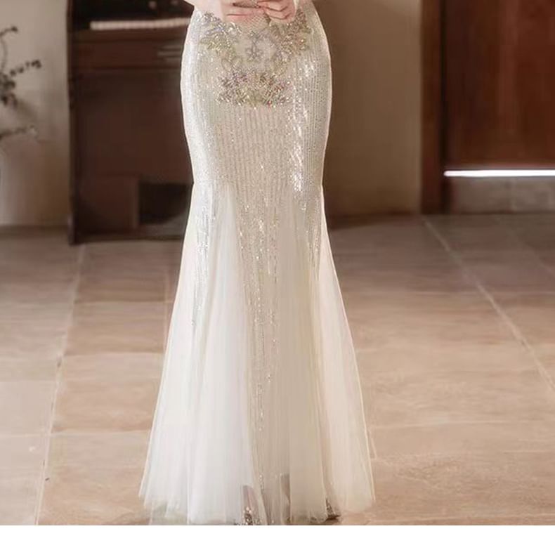 Gown Cold Embroidered Collar Floral Evening Sequin Mermaid Shoulder Stand