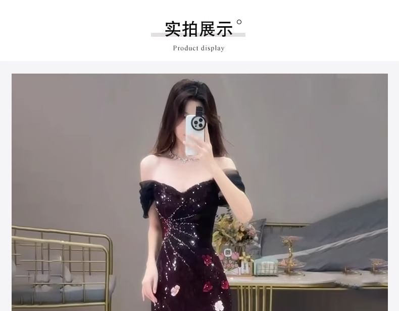 Evening Mermaid Off-Shoulder Short-Sleeve Floral Accent Sequin Gown